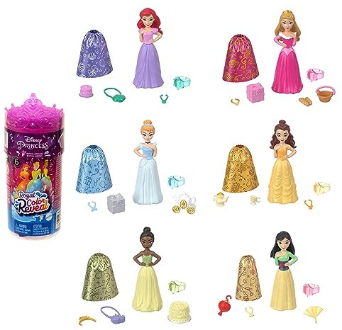 DISNEY PRINZESSIN Color Reveal-Puppen - 6 Überraschungen, Wasseraktiviert, Zubehör, für Kinder ab 3 Jahren, Arielle, Tiana, Mulan, Cinderella, Belle, Aurora, HPX39