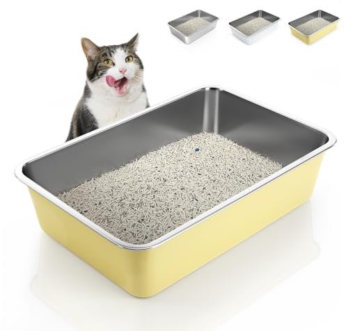 IKITCHEN Gelb Große Katzentoilette Edelstahl(60×40×15cm), Litter Box Katzenklo, Katzen und Kaninchen Metall klo, Niemals Gerüche, Fleckfrei, Rostfrei, Antihaft Glatte Oberfläche,Anti-Rutsch Gummiboden