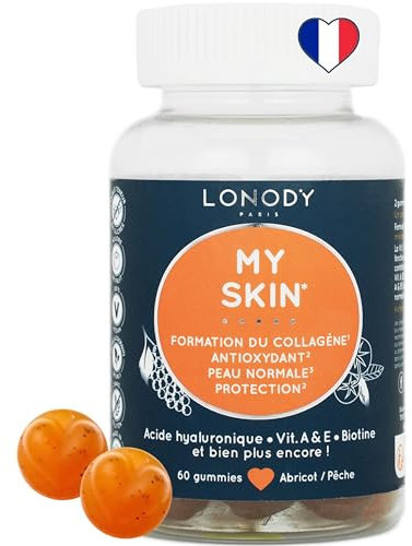 Lonody - Complement Alimentaire Peau, Booster Collagene, Acide Hyaluronique, Anti Rides, Antioxydant, Visage - Gummies Belle Peau Vitamine C, Zinc Lycopene Fruits, Sans Sucre Vegan, France - 1 mois