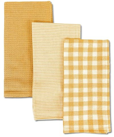 TIENDA EURASIA – Juego de 3 Paños de Cocina, Diseño Liso, de Cuadros y Rayas, Distintos Colores, 50x50x1,5 cm, Multiusos, 100% Algodón, Suave, Resistente y Absorbente (Amarillo)