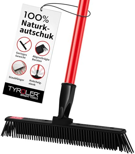Tyroler Japanischer Gummibesen mit Stiel | Kehrbesen-Kopf aus 100% Naturkautschuk 30 cm | Besen mit Stiel und 140 cm Anti-Rost-Griff | Besen Innen | Gummibesen Tierhaare