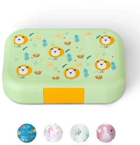 VINSUN Lunchbox für Kinder mit 4 Fächern - Auslaufsicher, BPA frei, spülmaschinengeeignet - Grüne Bento Box mit Löwen Motiv für Kindergarten, Grundschule, Ausflüge