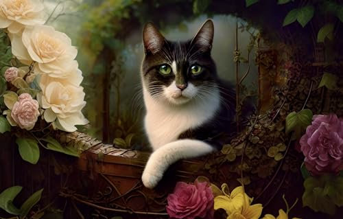 Wooden Jigsaw Puzzle For Adults 1000 Piece, Black And White Cat On Balcony, Roses Vines Jigsaw Puzzles 75X50Cm