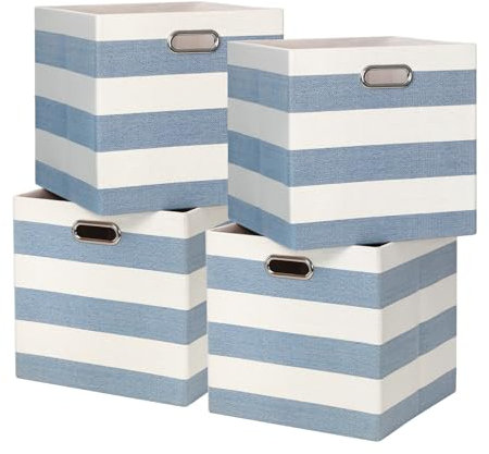 BinWhiz 4-Pack 33x33x33 cm Foldable Storage Cube Bins, Fabric Stripes Home Organizer Boxes with Metal Handles for Kallax Shelves, Closet, Cabinet, Bookcase Decor and Laundry (Blue & White)