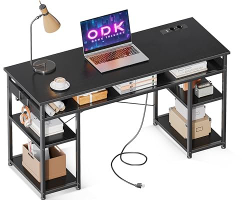 ODK Escritorio con Puerto de Carga USB y Enchufe, Escritorio para Computadora con Espacio de Almacenamiento, Escritorio para PC, Mesa para Espacios Pequeños, Oficina en Casa (Negro, 120x40x79cm)