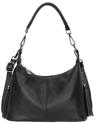 LUXCAELY Hobo Tasche aus echtem Leder für Damen, Schicke Handtasche, Umwandelbar in Eine Schultertasche, Quastenanhänger – perfekt für Arbeit und Freizeit - Schwarz