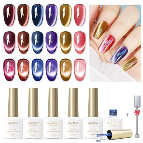 MIZHSE Cat Eye UV Gel Nagellack mit 1*Magnet Braun Lila Blau 6 Farben Moonlight Cateye UV Gel, Jelly Glas Kristall Magnetischer Gels Nagellack Katzenauge Soak Off UV Manicure Salon DIY 7ML 6er Pack