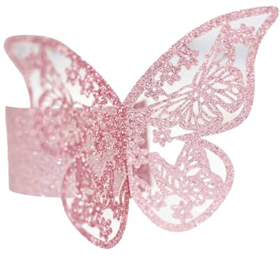 Wisafory Serviettenringe Schmetterling Sparking Folie Papierserviettenring Butterfly ausgehöhlt Servietten Schnallen Schmetterlin Papier Napkin Rings für Hochzeit Party Bankett Rosa 20pcs