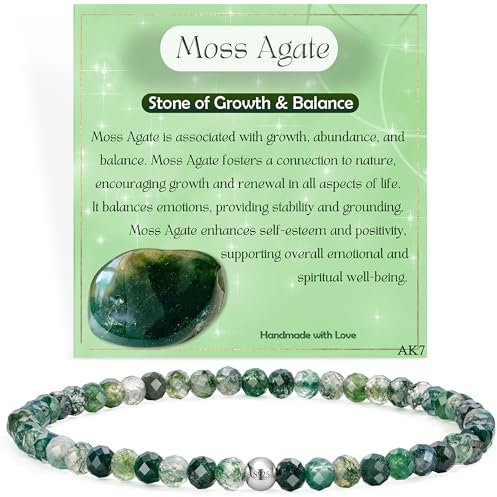 Farfume Agate Mousse - Croissance et équilibre - Bracelets Pour Femmes, 4mm Pierre Naturelle en Argent 925 Cristal Elastique Bracelets, Bijoux en Cadeaux de Précieuses