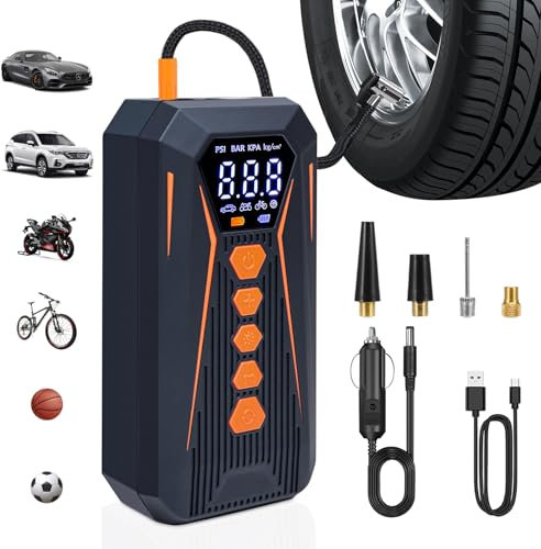 Kairiyard Mini compresor de aire electrónico portátil, inflador de neumáticos de 150 psi, bomba de aire para coche, compresor de coche, pantalla LCD digital, 6000 mAh tipo C, bomba de bicicleta para