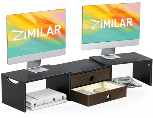 Zimilar Dual Monitor Stand Riser with 2 Drawers, Wood Monitor Riser for 2 Monitors, Length and Angle Adjustable Monitor Stand with Storage, Desktop Organizer Stand for Computer,Laptop,Printer