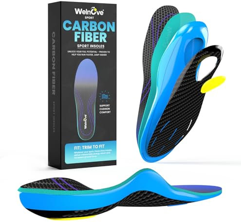 Carbon Fiber Sport Insoles with Arch Support - Welnove Shock Absorbing Performance Insoles for High Impact Sport (L: Men's 7-8 / Women's 7-8)