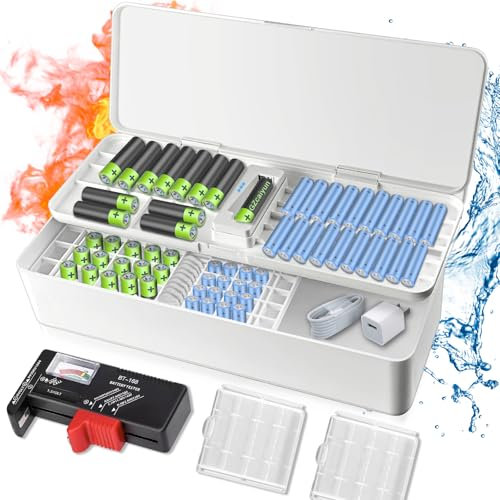 GZcaiyun Batterie Aufbewahrungsbox, Doppellagige Batteriebox Hält 115 Batterien (AA, AAA, Knopfzellen), mit Batterieprüfgerät und 2 Kleine Batteriebox (Batterien Nicht Enthalten)