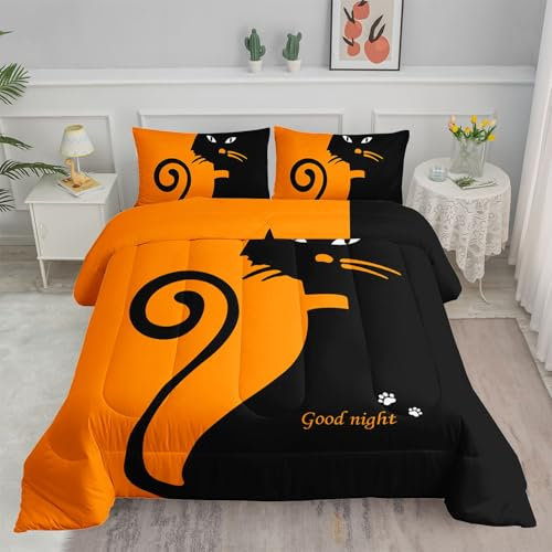 Smell Sunshine Bettwäsche-Set mit niedlichem Katzenmotiv, orangefarbenes Tiermuster, mit 1 Bettdecke und 2 Kissenbezügen, für Jungen- und Mädchenzimmer, ganzjährig (Katze voll)