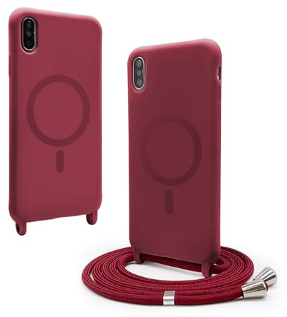 VAVAVOOMY Handykette Hülle für iPhone X/XS mit Band Halsband Lanyard (abnehmbar) Handyhülle, Verstellbarer Lanyard.Magnetisch Stoßfest Silikonhülle Wireless Charging kompatibel .-Rot