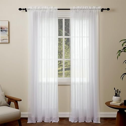 Pacok White Voile Curtains, 108 Drop 2 Panels Net Curtain for Windows, Rod Pocket Sheer Curtain Panel Voile Curtains for Living Room Kitcken Bedroom W56xL108 Inch(White, 142 x 274cm)