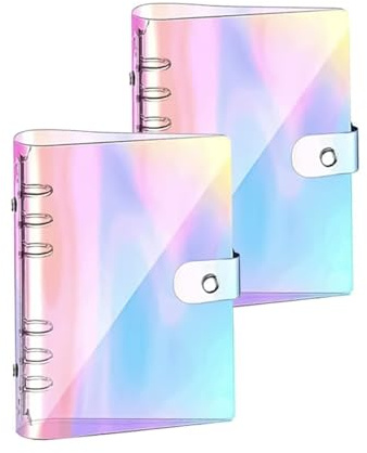 HASLED 2 Stück Ringbuch A6,Transparenter 6-Ring-Ordner mit Druckknopf, Bunt | PVC-Material, 80mm Rückenstärke, 19 x 13.3cm für Fotoalben, Budgetplaner & Dokumente