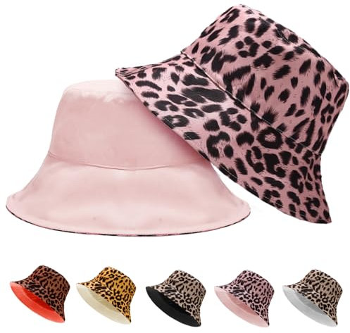 LUKIUP Reversibler Leopardenmuster Fischerhut Damen Herren Sommer Sonnenhut, Faltbarer Bucket Hat Anglerhut mit Sonnenschutz für Sommer, Urlaub, Wandern, Strand, Einkaufen(Rosa)