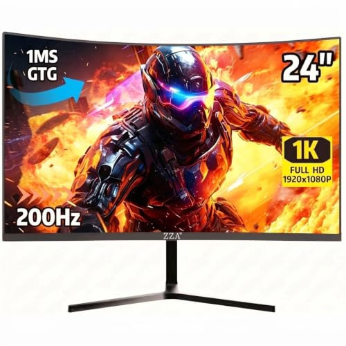 ZZA - Monitor da gioco da 24 pollici, monitor per computer da 200 Hz e 144 Hz, display CP FHD 1080P, monitor curvo 99% sRGB, FreeSync, AMD FreeSync, filtro luce blu, giochi e ufficio