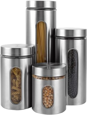 YAYODS 4er Set Vorratsdosen - Kaffeedose Edelstahl mit Sichtfenster - 4 Größen Edelstahl Kaffeepads Dose - Kaffeedosen mit Deckel für Kaffee, Tee, Mehl, Müsli, Kekse