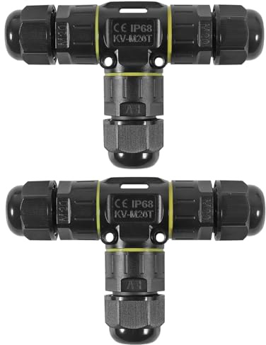 Lot de 2 boîtes de jonction à 2 voies, en forme de T, étanches IP68, connecteurs de câble électrique à 2 broches, gamme de fils M20 (5-12 mm), adaptés pour la réparation et l'extension de câbles