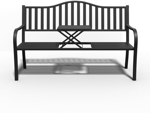 50 Weatherproof Black Metal Garden Bench - Wrought Iron Outdoor Seating with Backrests for Patio, Porch, Park, Lawn, and Yard Use