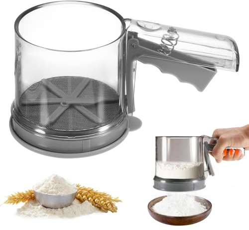 iewrtcin Staubzuckerstreuer Doppelschicht, Mehlsieb Einhand Mit Skala Bodenabdeckung, Zum Feinen Bestäuben Puderzuckermühle für Mehl Mandelpulver und Puderzucker‌ Schokopulver