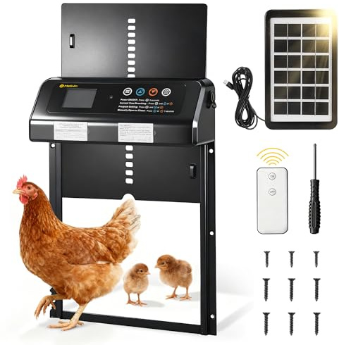 Puerta gallinero automática Solar MELLWIN con Pantalla LED – Sensor de luz, Puerta automatica gallinero Antidepredadores, Resistente al Invierno y de bajo Consumo energético