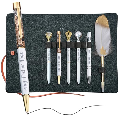 Coregiftr Personalisiertes 6er Kugelschreiber-Set – Metall-, Feder- und Kristallfederhalter mit Namensgravur, Ideal als oder Geburtstagsgeschenk. (Ballpoint Pen Set - White)