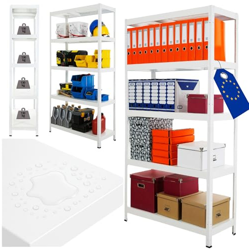 MODO24 Schwerlastregal Metall Elara, 180x80x40 cm, Weiß, 5 Böden je 130 kg Traglast, Lagerregal Stecksystem ohne Schrauben, Steckregal Werkstattregal Kellerregal Garagenregal für Lager Küche Büro