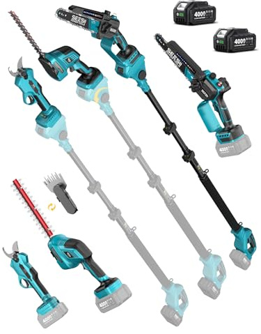 SEESII Mini Motosierra Bateria 6'', 8 en 1 Kit de Herramientas de Jardín | Tijeras Podar Electricas, Cortasetos Telescopico con 2x 4000mAh Baterías, para Poda de Árboles y Setos