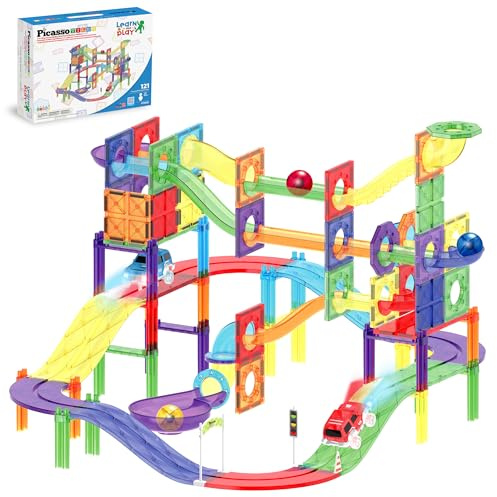PicassoTiles 121pc Magnetic Tile Race Track Marble Run Magnet Tiles 3-in-1 Playset Car Racing Construction Set STEM Learning Early Education Building Toy Cars for School Toddlers Boys Girls Ages 3+
