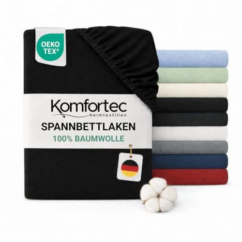 Komfortec Spannbettlaken Jersey 100% Baumwolle – 120x200 cm – 135g/m² – Weich, Atmungsaktiv & Hautfreundlich – Mit Rundumgummi – Oeko-Tex Zertifiziert – Für Boxspring, Topper & Matratzen – Schwarz