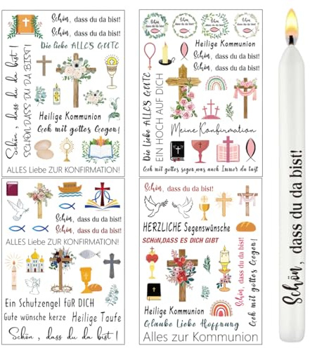 HAPZUR 4 Blätter Kerzen Tattoo Kommunion Deko, Kerzentattoos Kommunion Geschenk Fische Tattoofolie für Kerzen Aufkleber Wasserschiebefolie mit Spruch, für Erstkommunion Taufe Konfirmation Deko
