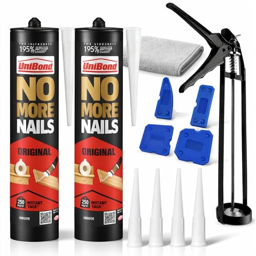 No More Nails Heavy Duty Mounting Adhesive Kit with Lavarion Sealant Gun, Finishing Tools, Replacement Nozzles & Microfibre Cloth – Multi-Surface DIY Bonding Kit - 2 x 280ml