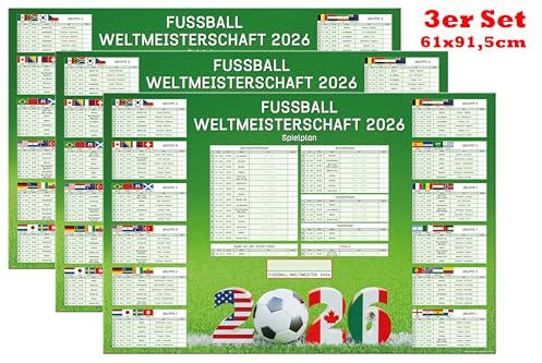 3er Set - Fussball WM 2026 Wandplaner XL-Format 61×91,5 cm – Spielplan mit 48 Teams, 16-tel-Finale – Fußball-Weltmeisterschaft Poster Spielkalender