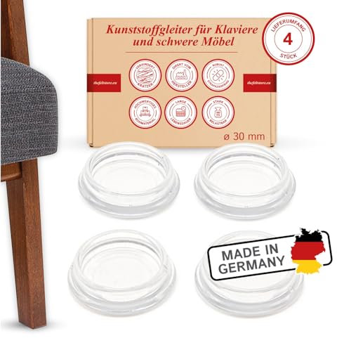 K.D.J. Brand Möbeluntersetzer, Klavieruntersetzer rund transparent 4 Stück, 30 mm Innendurchmesser, Klavier Bodenschoner, Klavieruntersetzer Glas transparent – Made in Germany