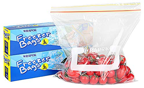 WRAPOK Ziplock Freezer Bags Large Reusable Food Plastic Seal Bag Soup Storage Zip Lock Bag, 10.5 x 11 Inch - 100 Count