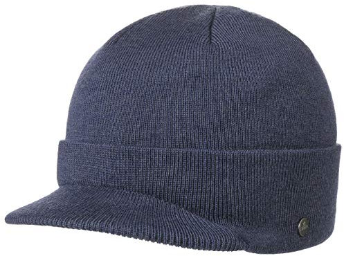 LIERYS Fine Merino Strickcap Damen Herren Wintermütze aus Merinowolle Mütze mit Schirm Herbst Winter Denim One Size