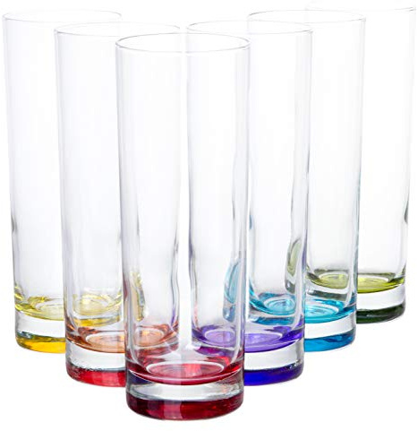 Red Co. Set of 6 Collins Slim Tall Highball 10 Fl Oz Water Beverage Glasses with Multicolor Bottoms