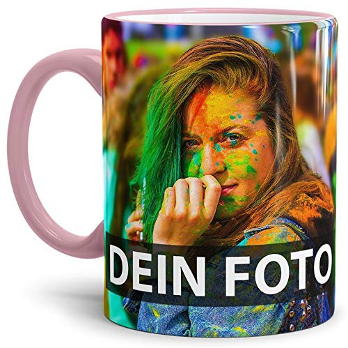 Tasse selbst individuell gestalten/Personalisierbar mit eigenem Foto Bedrucken/Fototasse/Motivtasse/Werbetasse/Firmentasse mit Logo/Rand & Henkel Rosa - XXL Druck