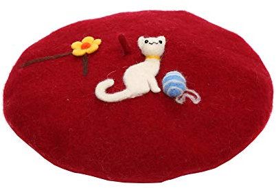 Zasy Frauen Wintermütze Klassische Wolle Baskenmütze French Beanie Cap Handgemachte Filzmuster (Garn Kitty)