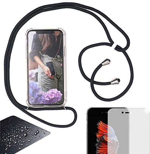 Eximmobile Cadena de teléfono móvil compatible con Huawei Mate 20 Lite con protector de pantalla, funda protectora con cuerda en color negro para colgar teléfono móvil, cadena, cordón, funda de