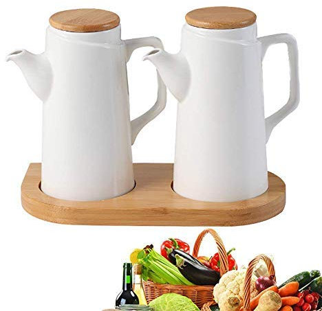 Distributeur d'huile pour la cuisine, bouteille / distributeur d'huile et de vinaigre en céramique blanche - Lot de 2 bouteilles de distributeur d'huile d'olive de 500 ml Conteneur de condiments avec