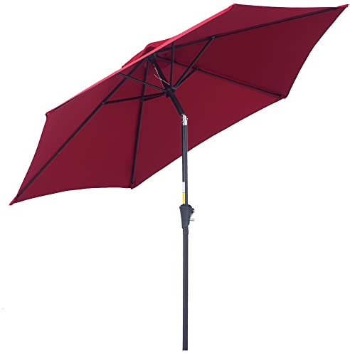 Outsunny Ombrellone da Giardino Ø2.6x2.35 m Inclinabile con Manovella, Ombrellone da Esterno a 6 Stecche in Alluminio, Metallo e Poliestere 180g/㎡, Rosso Scuro