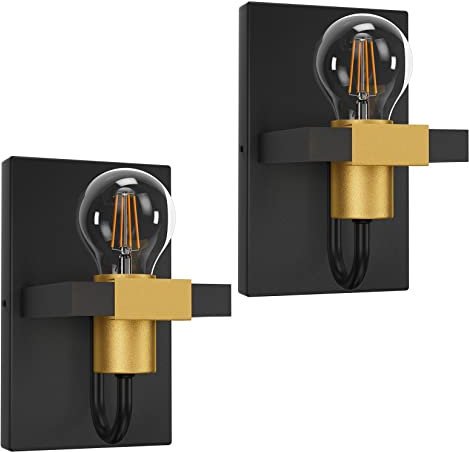 Klighten 2 Stück Vintage Wandleuchte Industrial E27 Max 40W, Wandlampe Innen Rustikal Retro, Schwarz Gold Metall Wandbeleuchtung für Wohnzimmer Schlafzimmer Flur Treppe, Ohne Leuchtmittel
