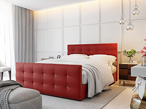 Boxspringbett KLIO Kunstleder mit Dekorsteinen in verschiedenen Größen und Farben (Rot, 140 x 200 cm)