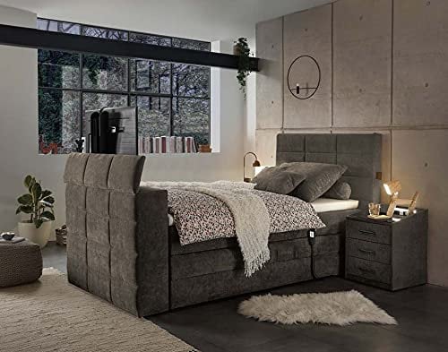 Froschkönig24 Denver Boxspringbett 120x200cm Stone inkl. Motor & motorisierte TV-Halterung, Ausführung:Variante 1
