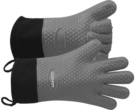 Manoplas Guantes de Horno de Silicona para Cocina - GEEKHOM Resistentes al Calor (con Dedos) para Horno, Microondas y Barbacoa - Antideslizante Impermeable con Protección Anti-Escaldaduras