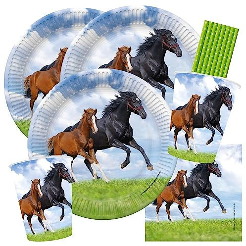 Partystrolche/Spielum Ensemble de 44 Pièces pour Enfants - Décoration et Vaisselle pour Fête d'Anniversaire - Thème Cheval pour Garçons et Filles
